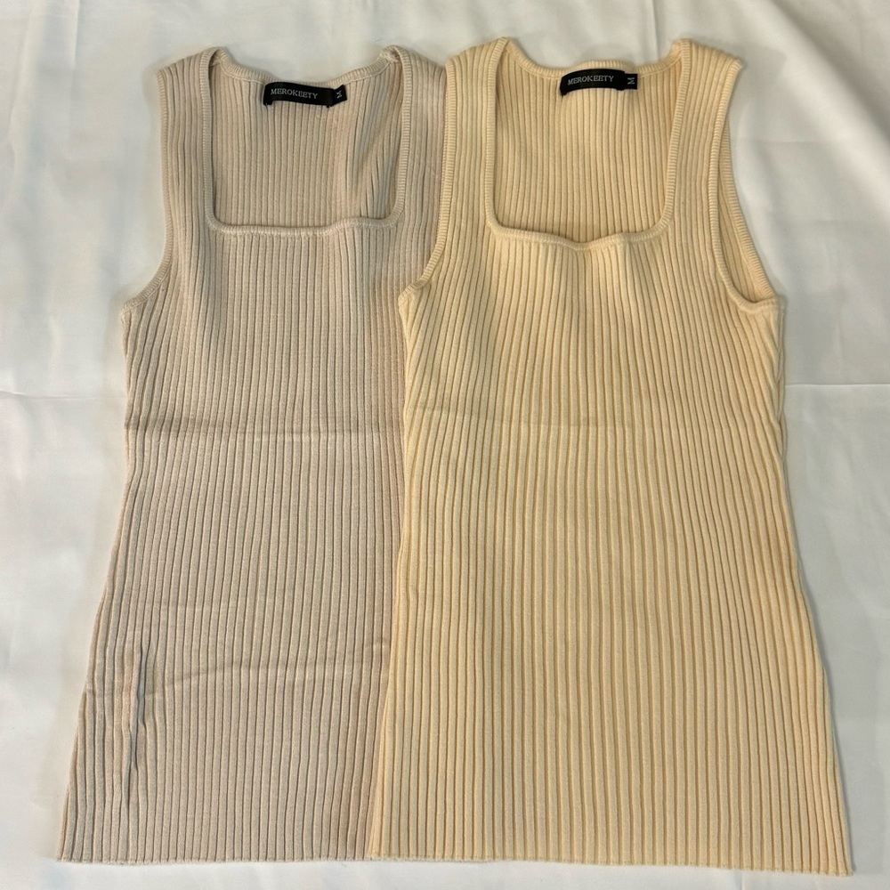 Set of two cream tank tops. Soft ribbed basic tank tops for work.